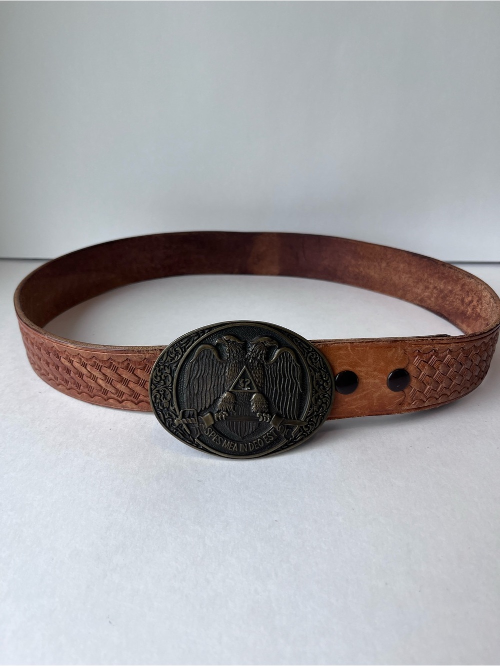 Vintage Spes Mea In Deo Est 32 Double Eagle Brass Buckle Brown Leather Belt